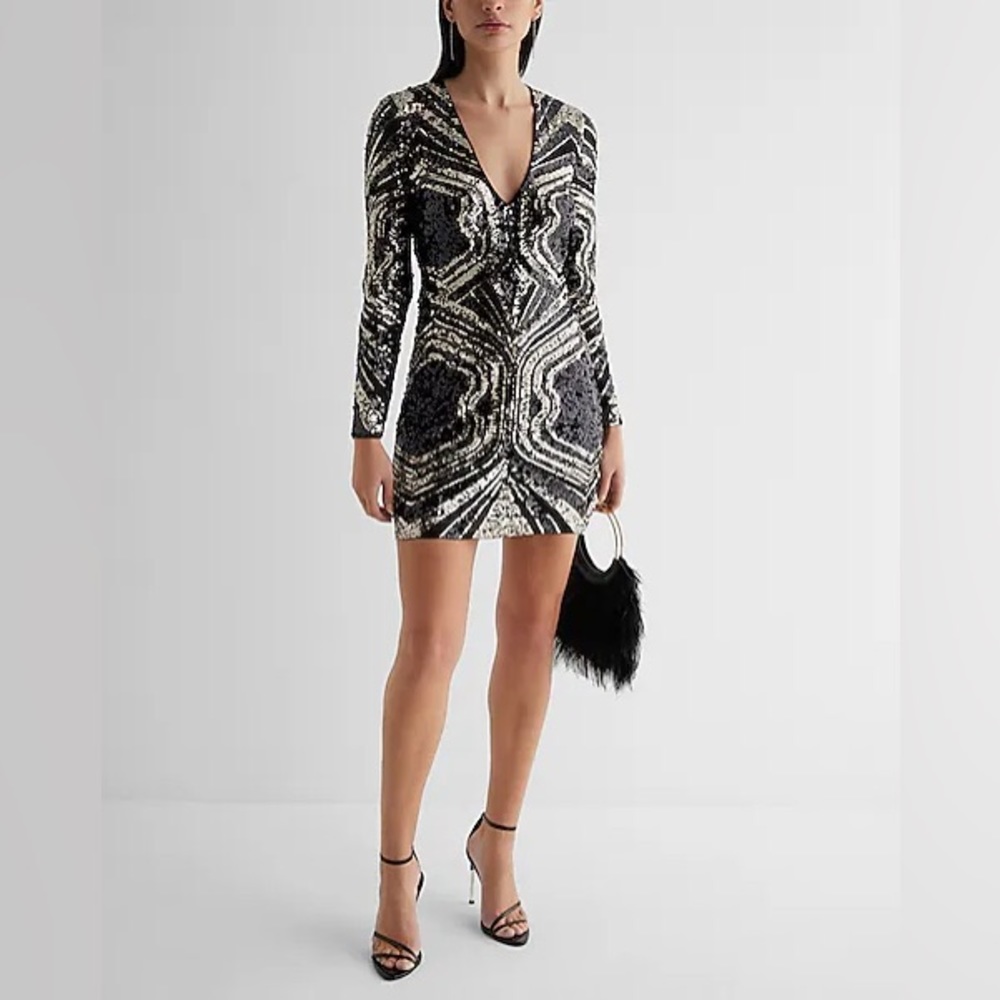 Express Patterned Sequin V-Neck Long Sleeve NWT